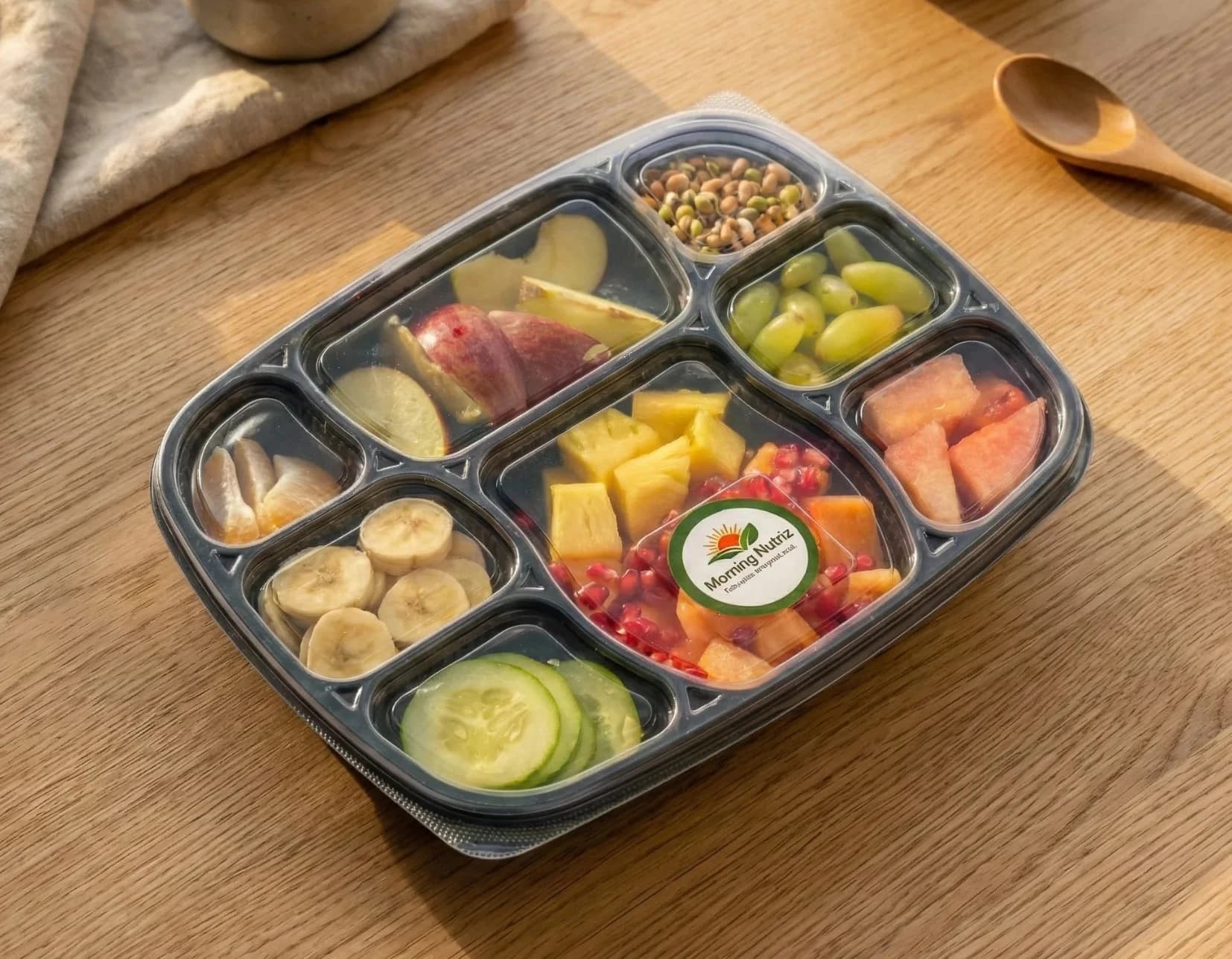 Fresh healthy breakfast box on a Bangalore apartment kitchen counter in the morning