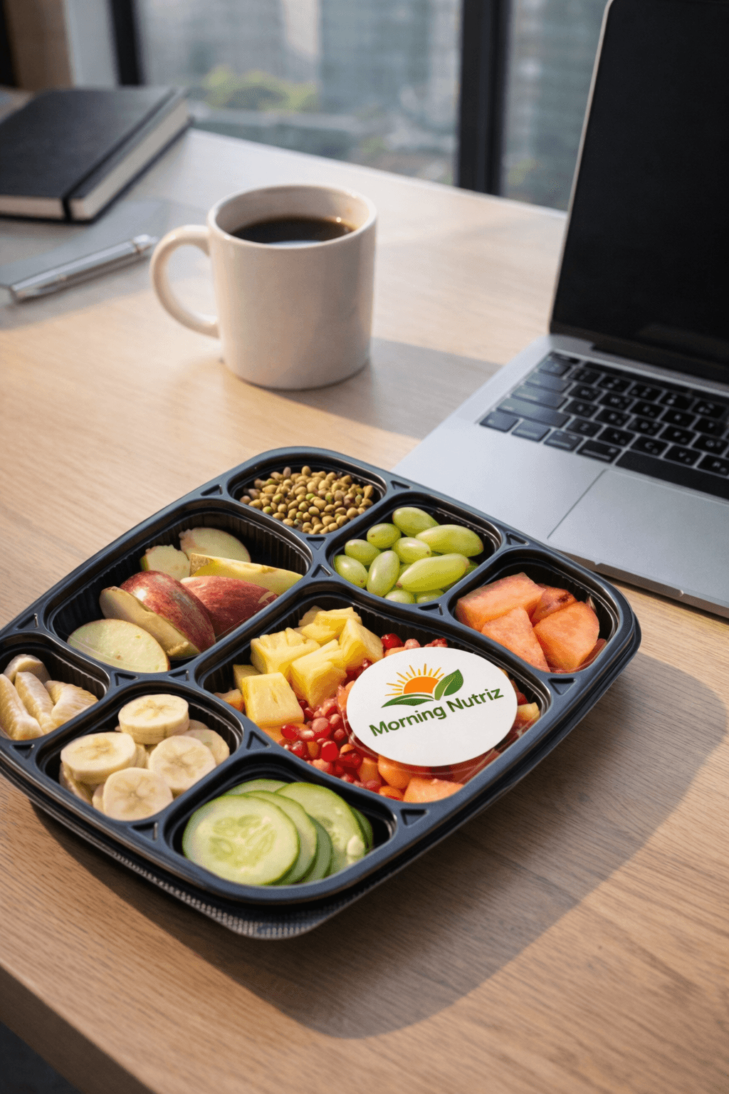 Fresh breakfast box on an office desk in Bangalore with laptop in background
