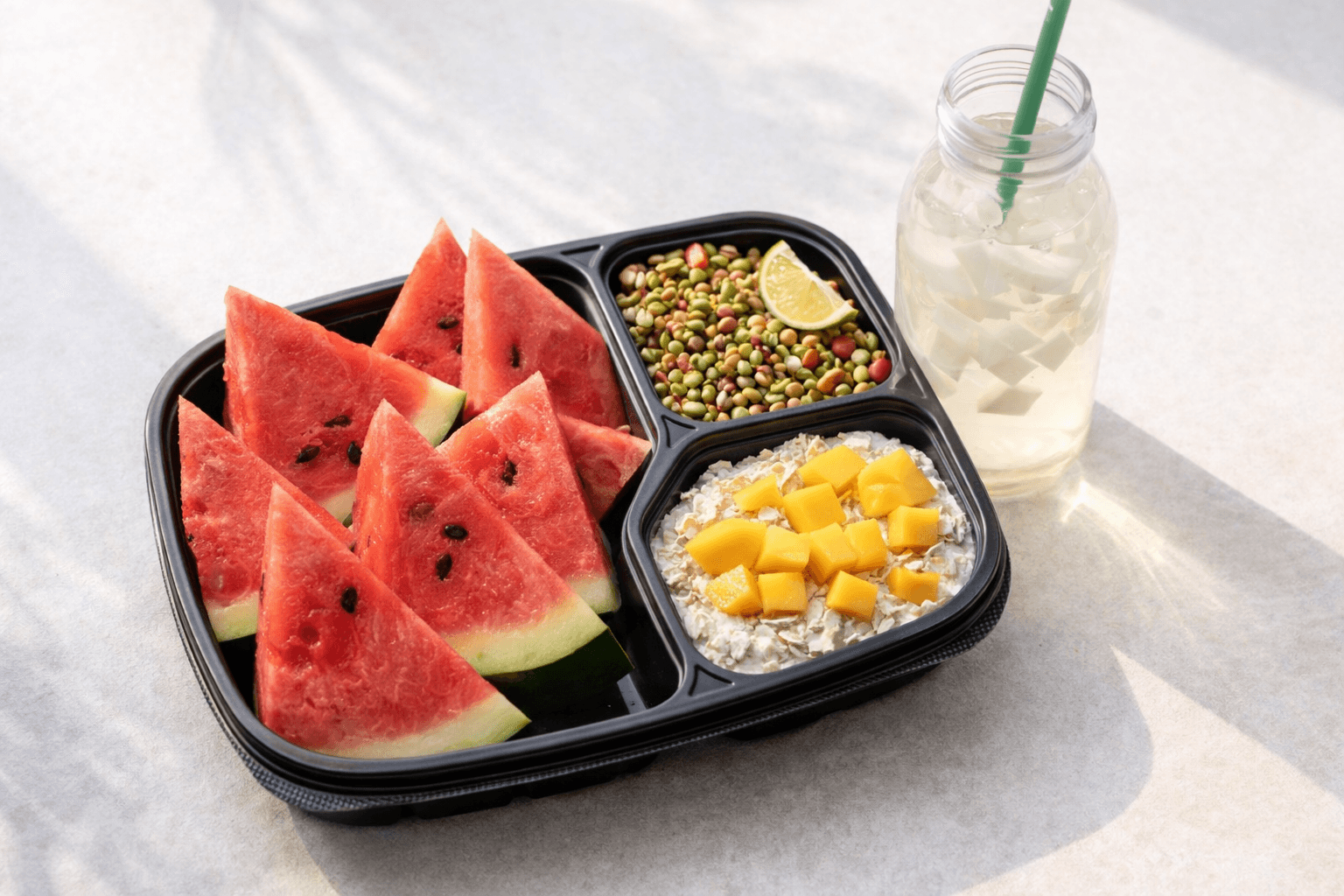 Fresh cooling summer breakfast with fruits and sprouts on a bright morning