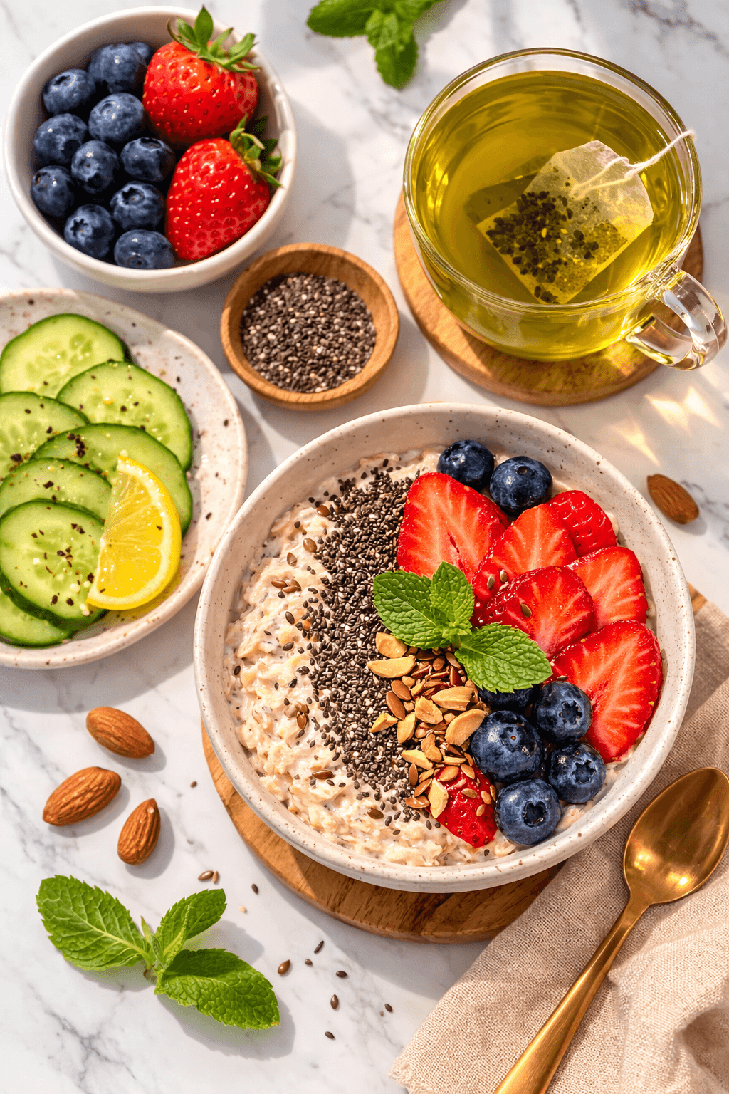 Overnight oats with berries and chia seeds on white marble