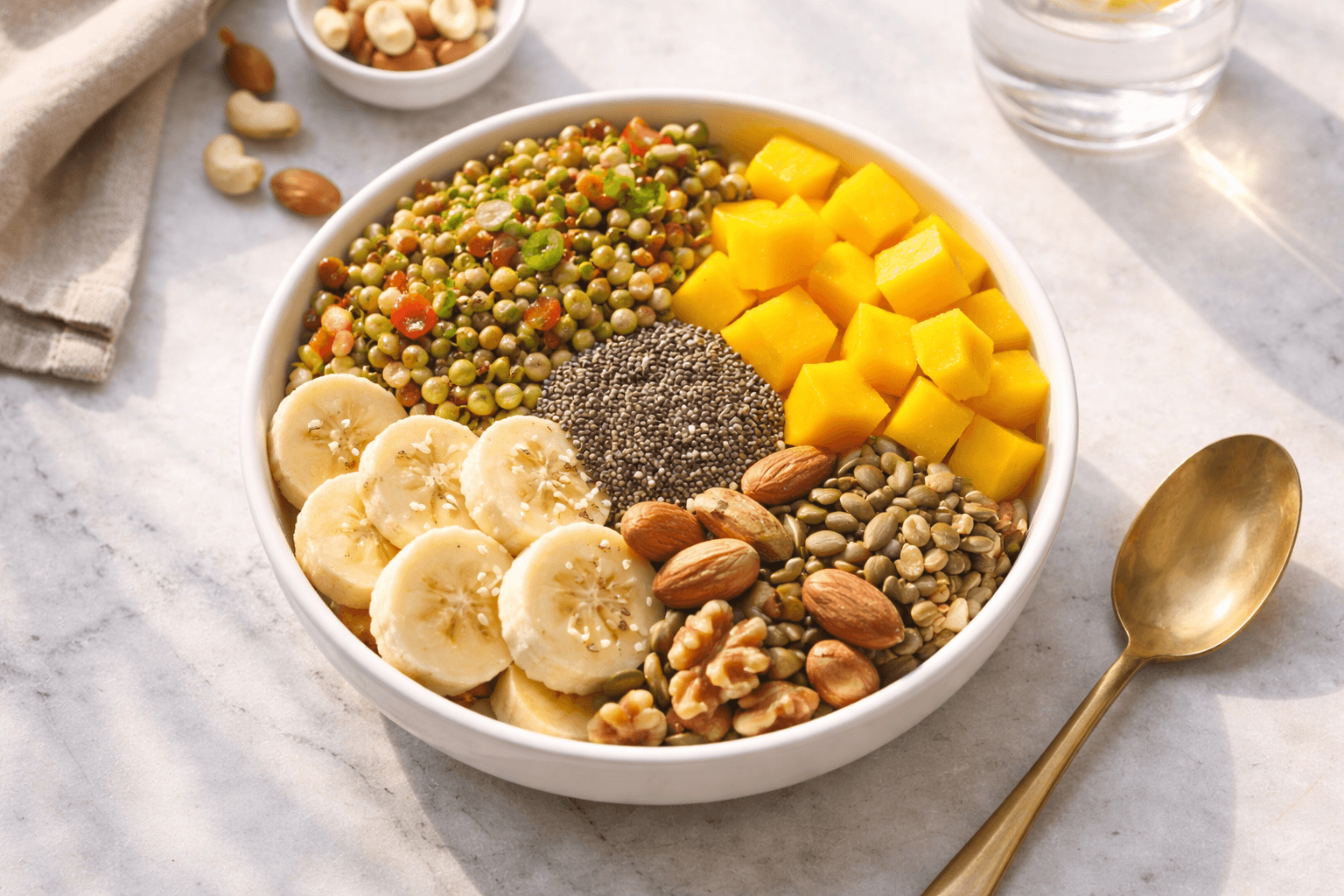 Vibrant colorful vegan Indian breakfast bowl with chickpeas fruits and nuts