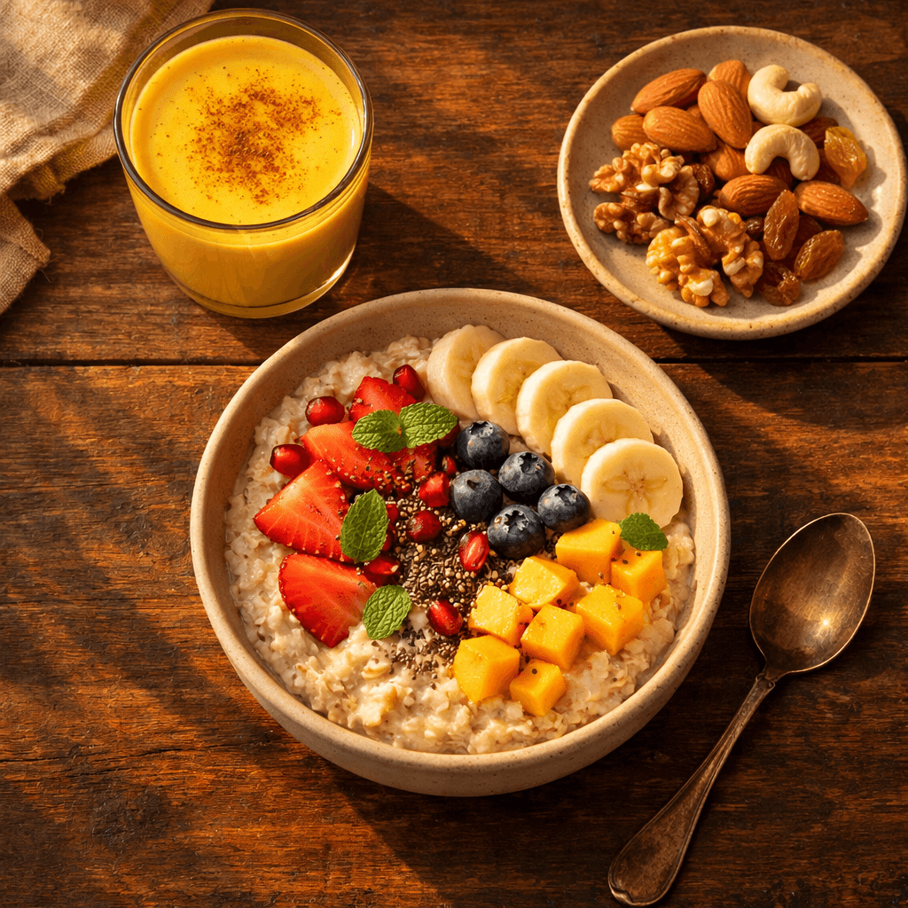 Healthy Indian breakfast on a dark wooden table